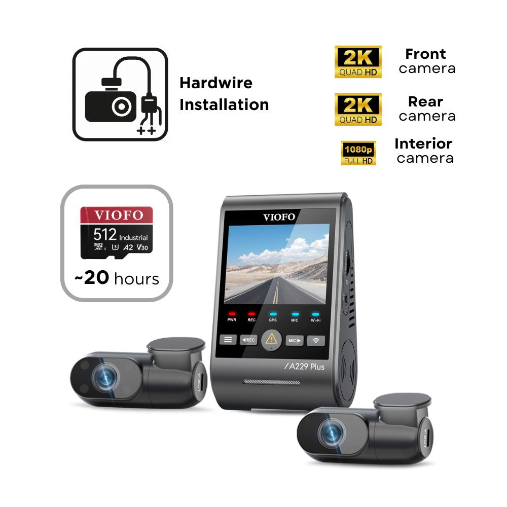 VIOFO A229 Plus 3CH (2K Front, 2K Rear & 1080p Interior) - SD Card - Professional Installation