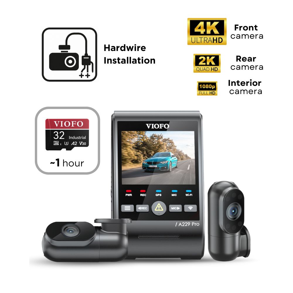 VIOFO A229 Pro 3CH (4K Front, 2K Rear & 1080p Interior) - SD Card - Professional Installation