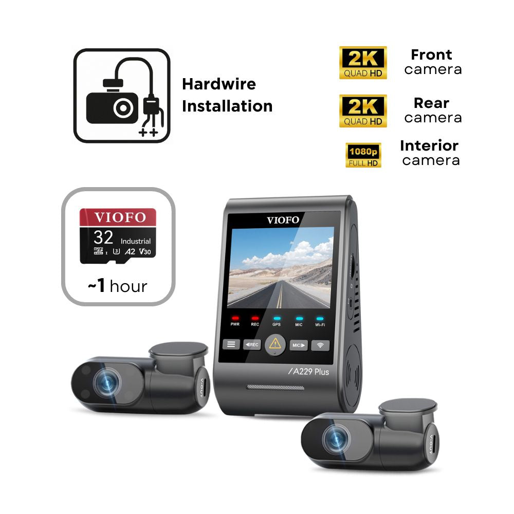 VIOFO A229 Plus 3CH (2K Front, 2K Rear & 1080p Interior) - SD Card - Professional Installation