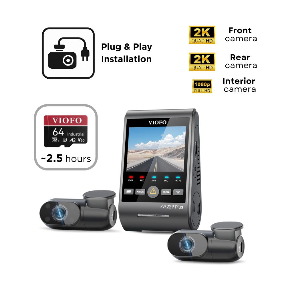 VIOFO A229 Plus 3CH (2K Front, 2K Rear & 1080p Interior) - SD Card - Professional Installation