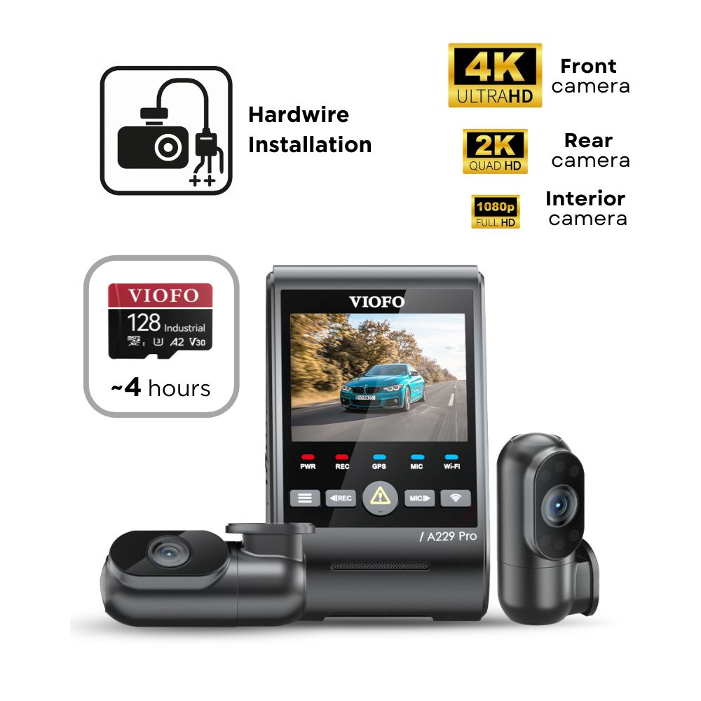 VIOFO A229 Pro 3CH (4K Front, 2K Rear & 1080p Interior) - SD Card - Professional Installation