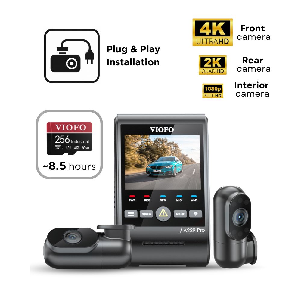 VIOFO A229 Pro 3CH (4K Front, 2K Rear & 1080p Interior) - SD Card - Professional Installation