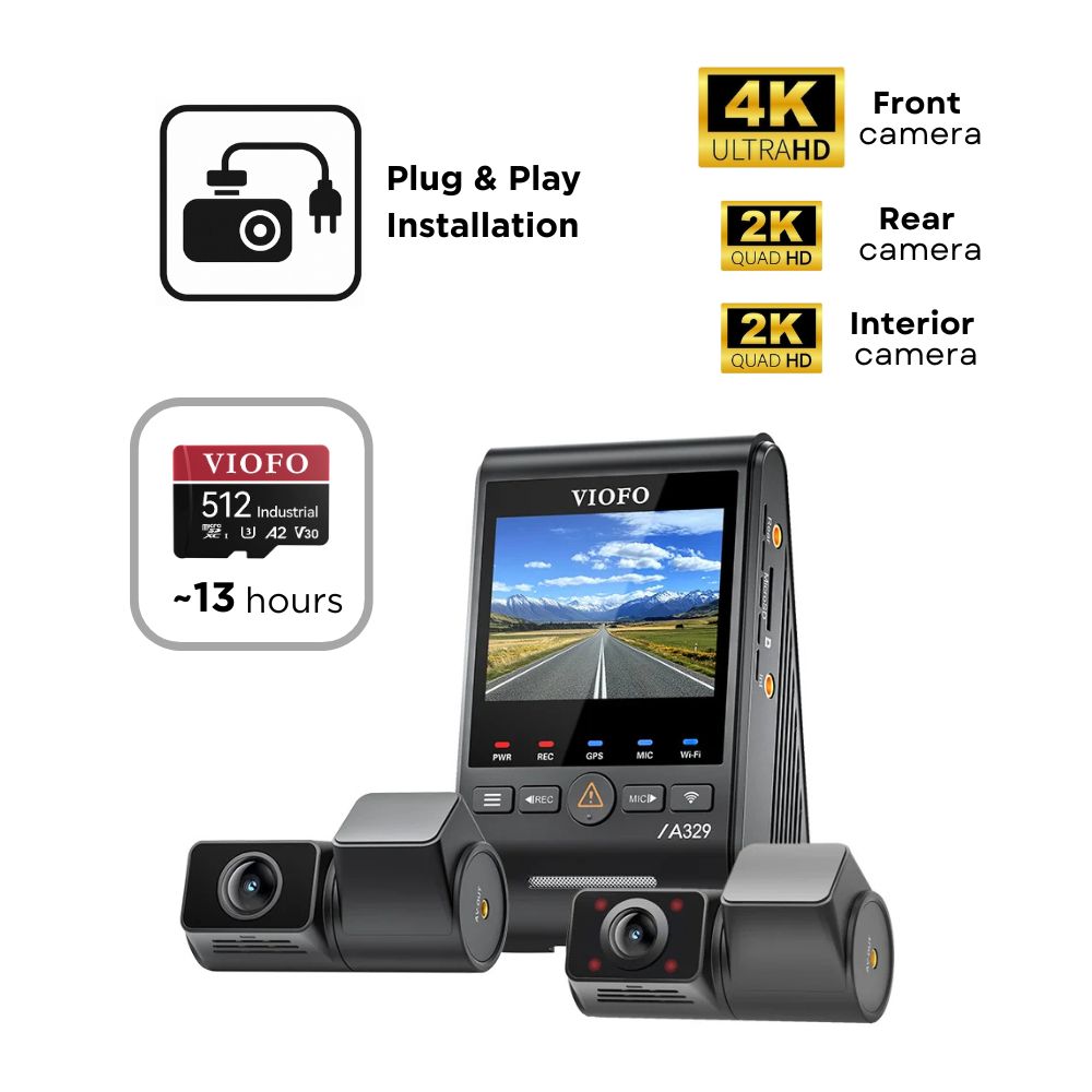 VIOFO A329S 3CH (4K Front, 2K Rear & 2K Interior) - SD Card - Professional Installation