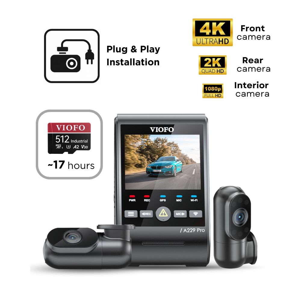 VIOFO A229 Pro 3CH (4K Front, 2K Rear & 1080p Interior) - SD Card - Professional Installation