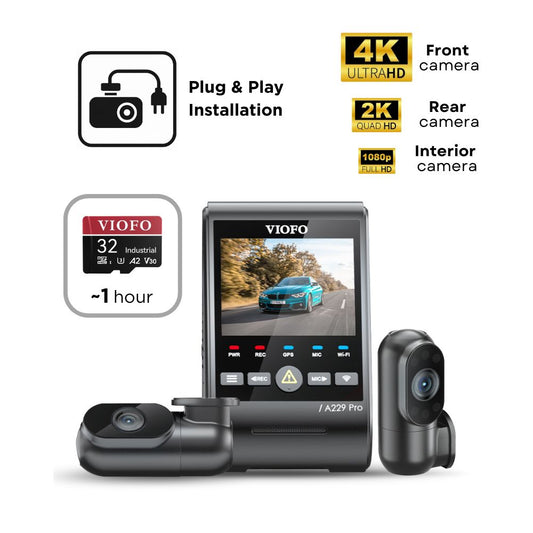 VIOFO A229 Pro 3CH (4K Front, 2K Rear & 1080p Interior) - SD Card - Professional Installation