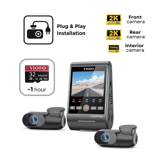 VIOFO A229 Plus 3CH (2K Front, 2K Rear & 1080p Interior) - SD Card - Professional Installation