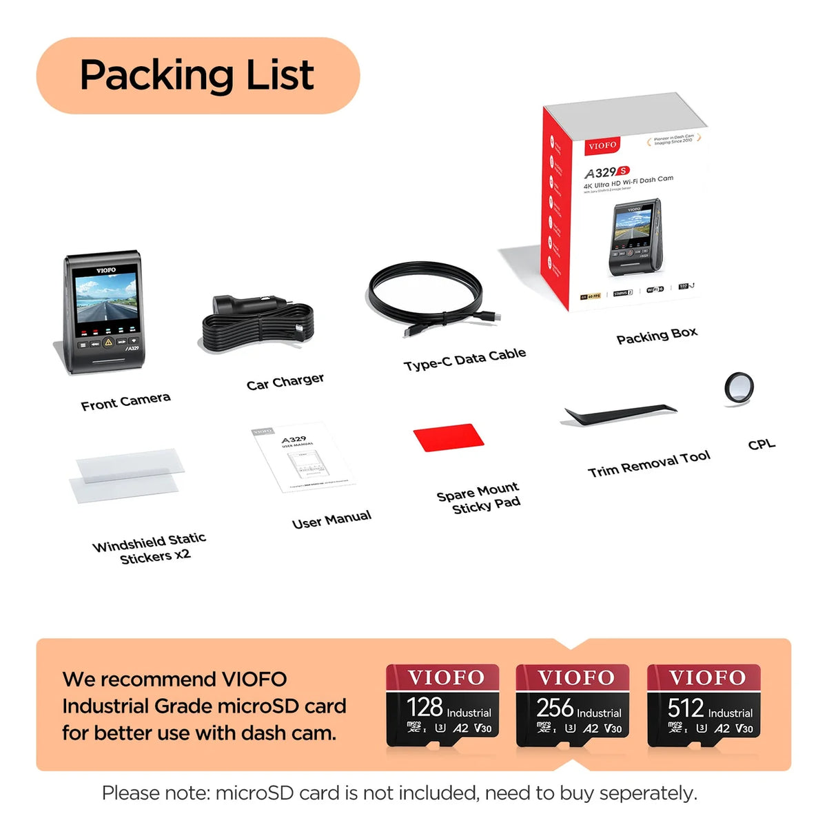 VIOFO A329S 1-Channel (4K Front Only) Dash Camera